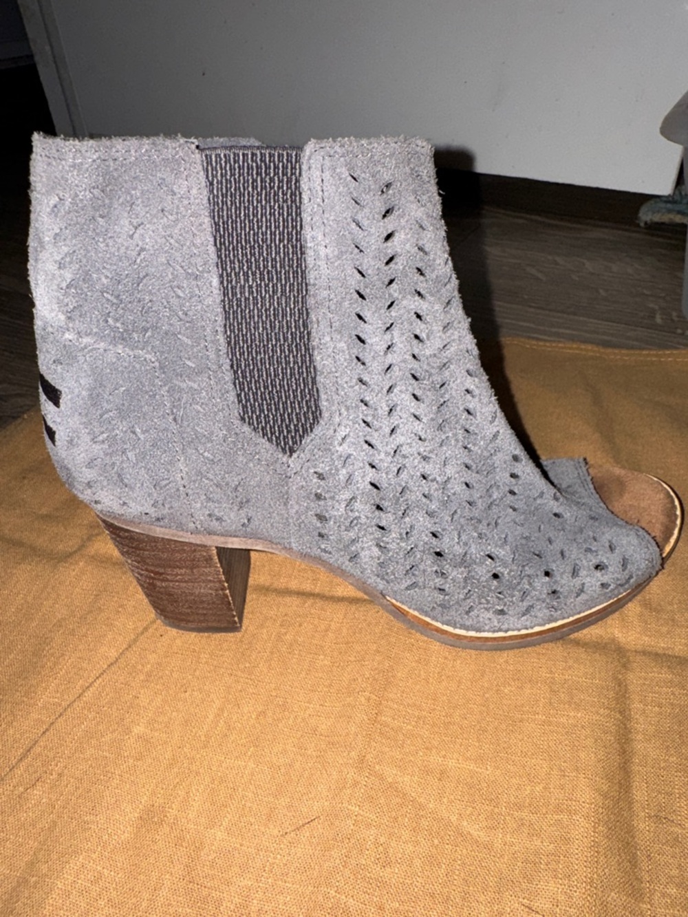 Toms Gray Suede Peep-Toe Cutout Booties